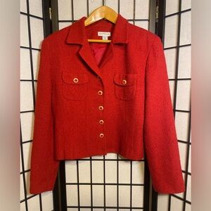Vintage Ann Taylor Red Wool Blazer Coat Gold Accents Women’s Made In USA